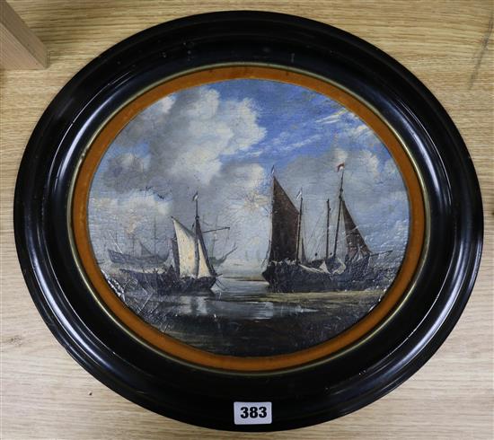 19th century Dutch School, oil on board, shipping at low tide, oval 24 x 28cm